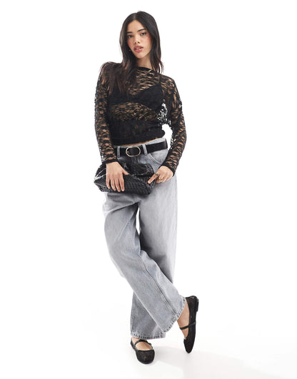 Lace Asymmetric One Shoulder Long Sleeve Top With Cinch Waist Detail