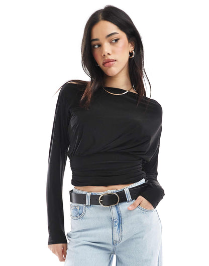 Slash Neck Long Sleeve Top With Cinch Waist Detail