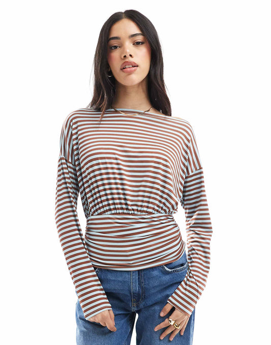 Slash Neck Long Sleeve Top With Cinch Waist Detail