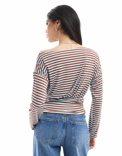 Slash Neck Long Sleeve Top With Cinch Waist Detail