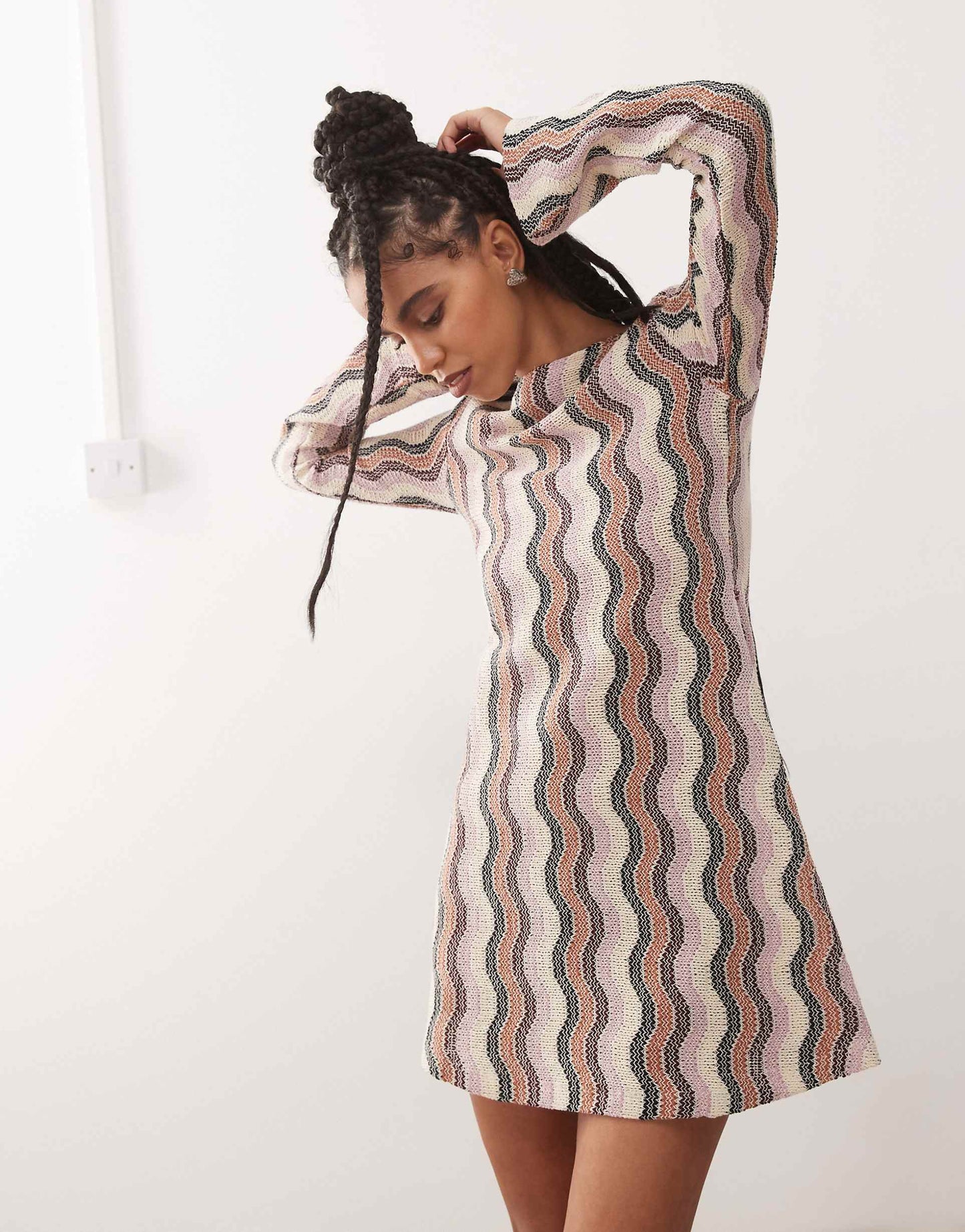 Stripe Crochet Flare Sleeve Mini Dress