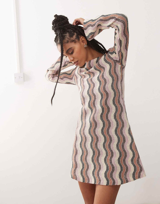 Stripe Crochet Flare Sleeve Mini Dress