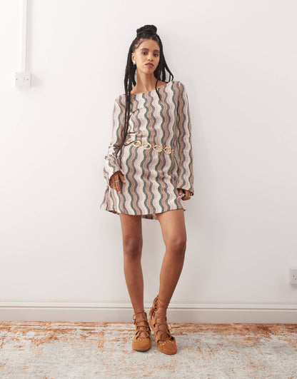 Stripe Crochet Flare Sleeve Mini Dress