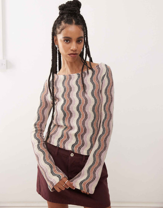 Stripe Crochet Button Through Cardi