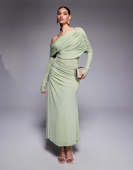 Long Sleeve Slouchy Bardot Mesh Mix Maxi Dress