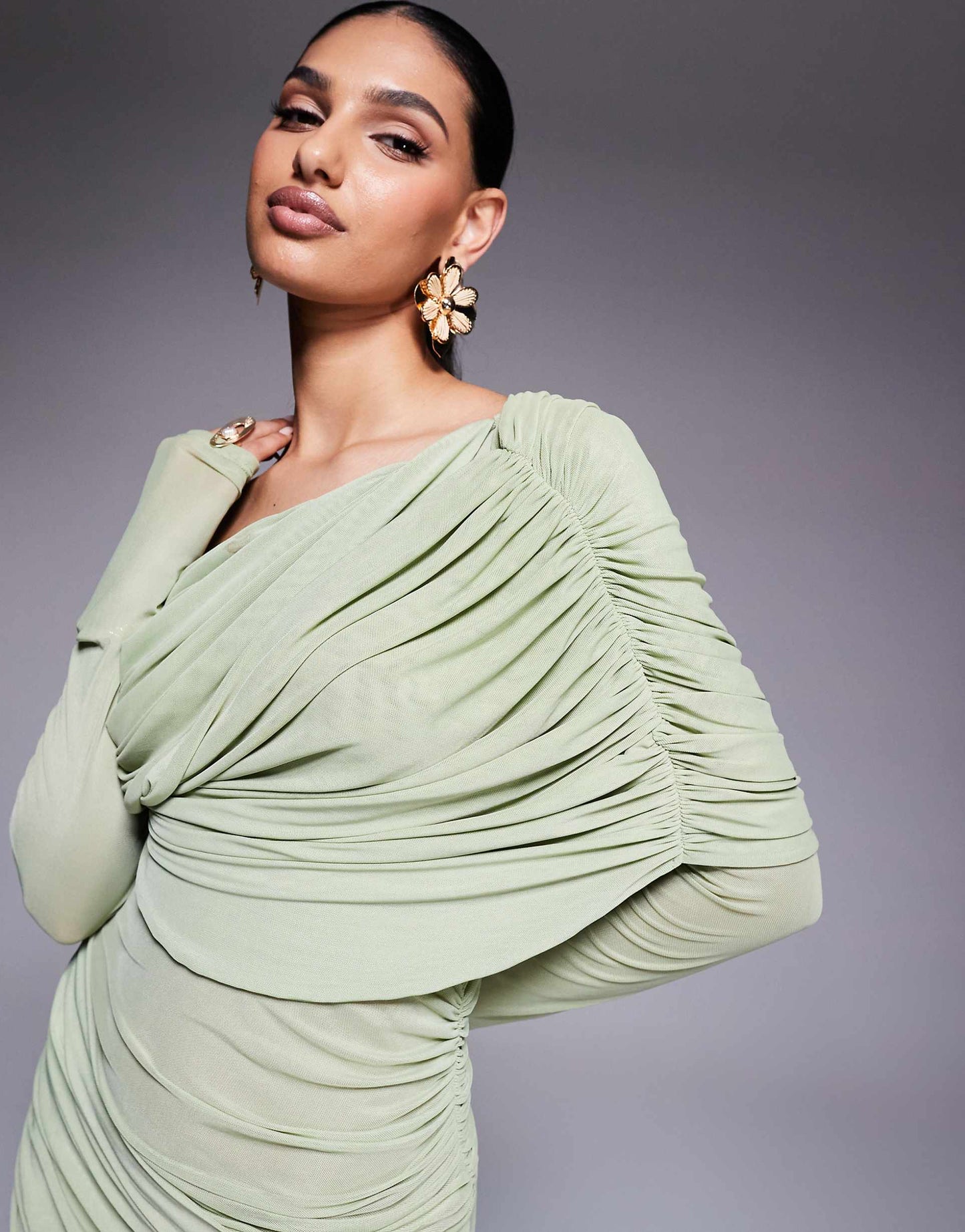 Long Sleeve Slouchy Bardot Mesh Mix Maxi Dress