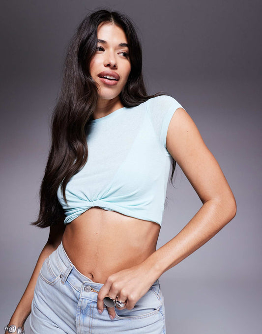 Knot Front Mesh Short Sleeve Crop Top