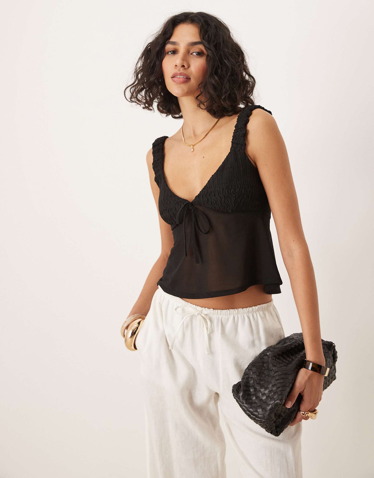 Textured Cami Top With Mesh Mix