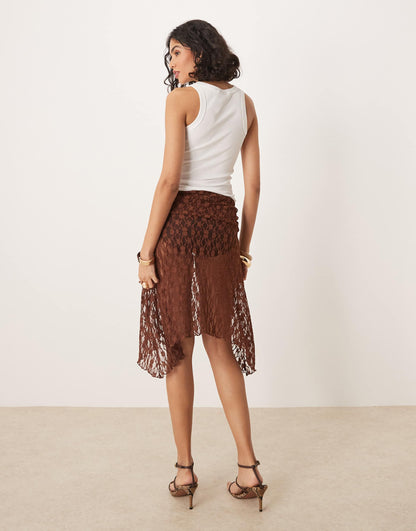Sheer Lace Hanky Hem Midi Skirt