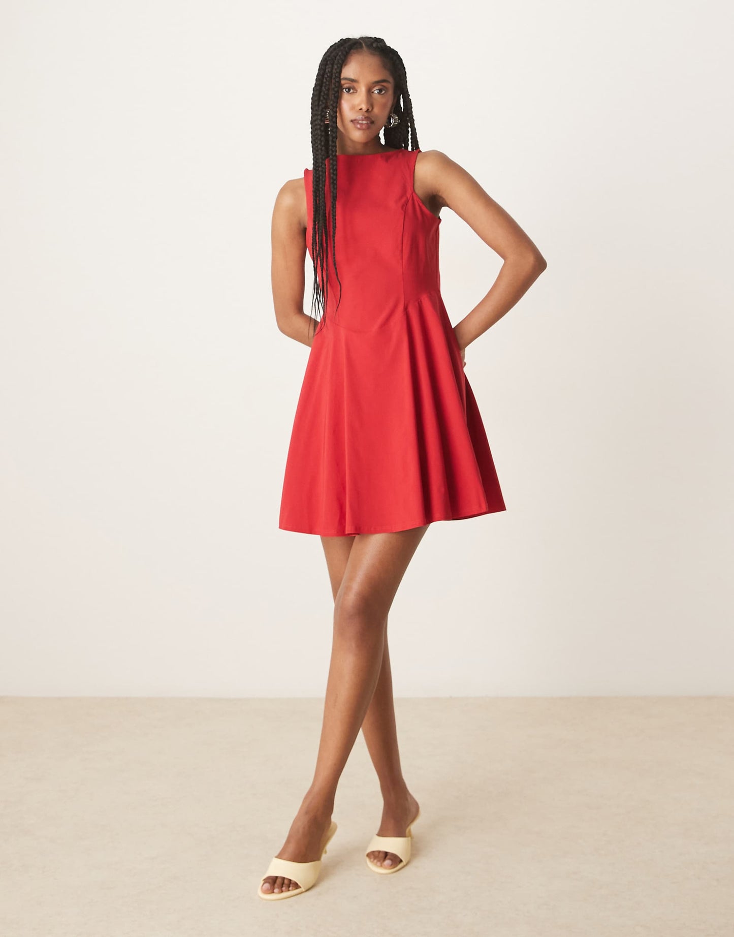 Bengaline Sleeveless Skater Skirt Mini Dress With Open Back