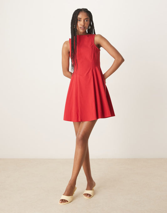 Bengaline Sleeveless Skater Skirt Mini Dress With Open Back