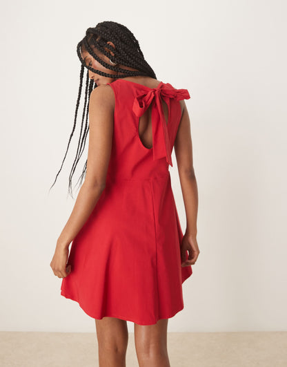 Bengaline Sleeveless Skater Skirt Mini Dress With Open Back