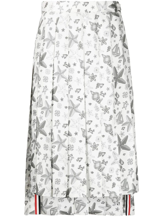 Sea-Print Pleated Skirt