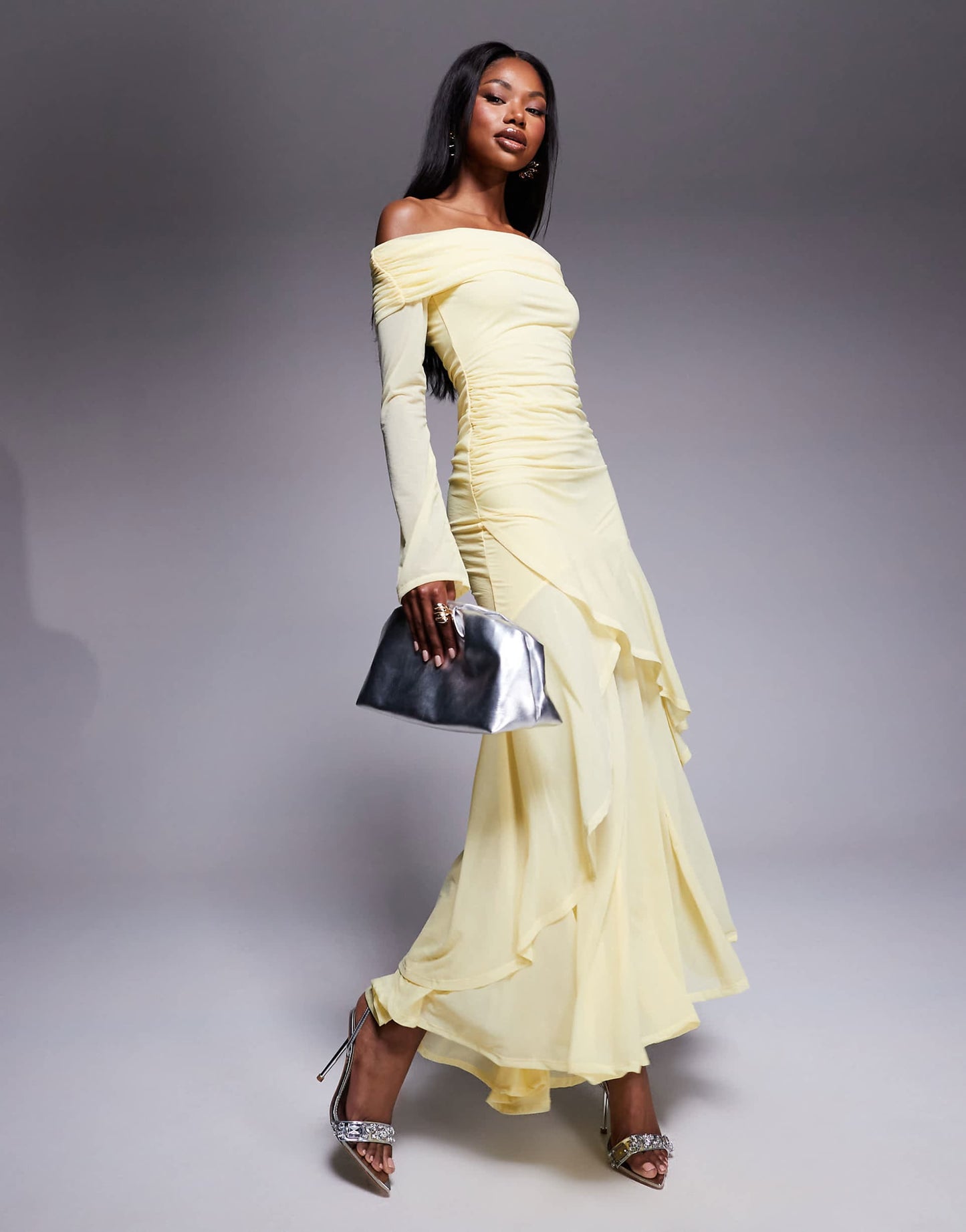 Stretch Chiffon Long Sleeve Bardot Maxi Dress With Ruffle Hem