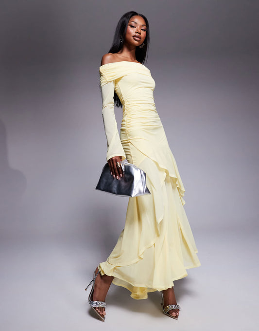 Stretch Chiffon Long Sleeve Bardot Maxi Dress With Ruffle Hem