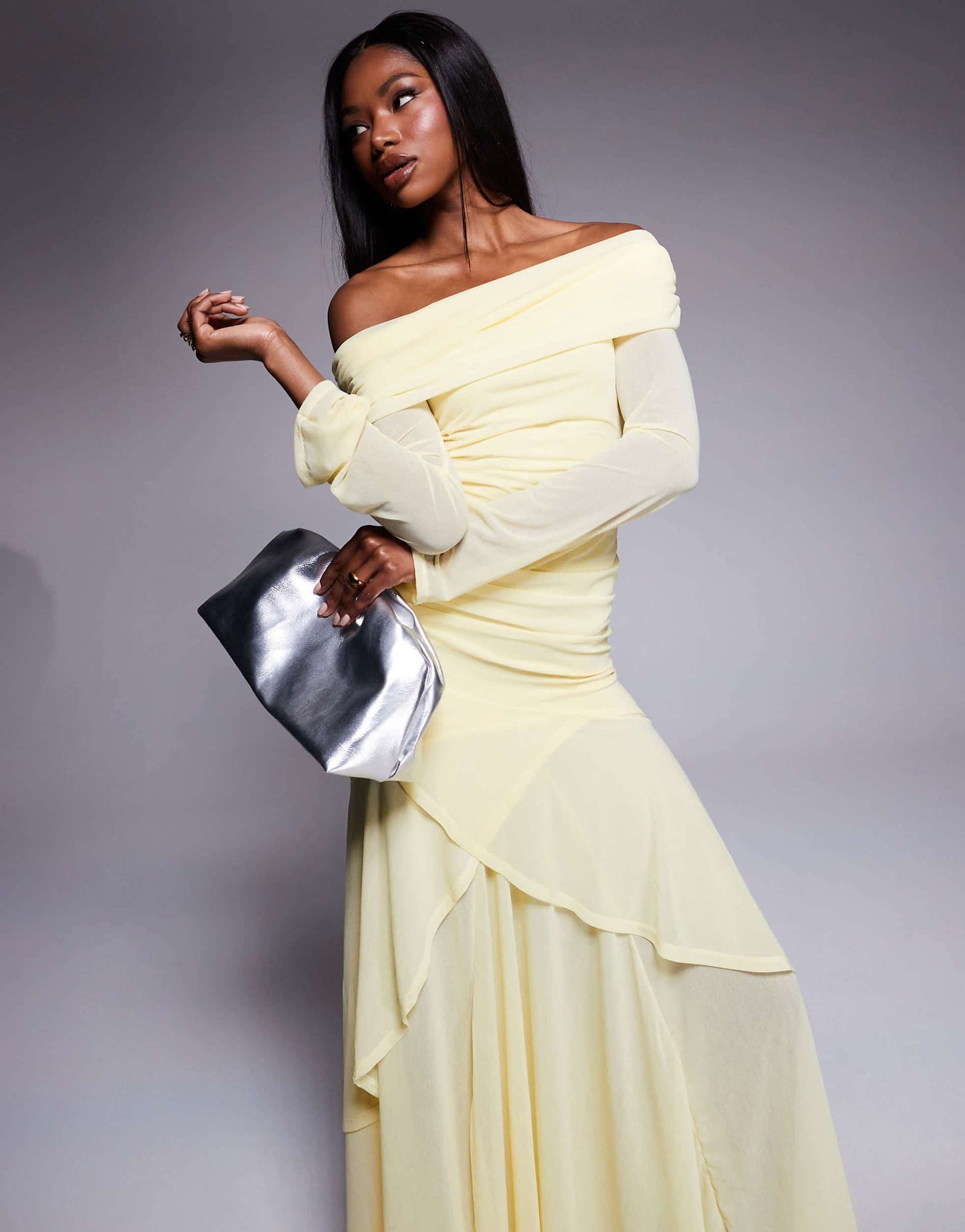 Stretch Chiffon Long Sleeve Bardot Maxi Dress With Ruffle Hem