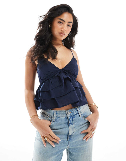 Spaghetti Strap V Neck Tiered Top