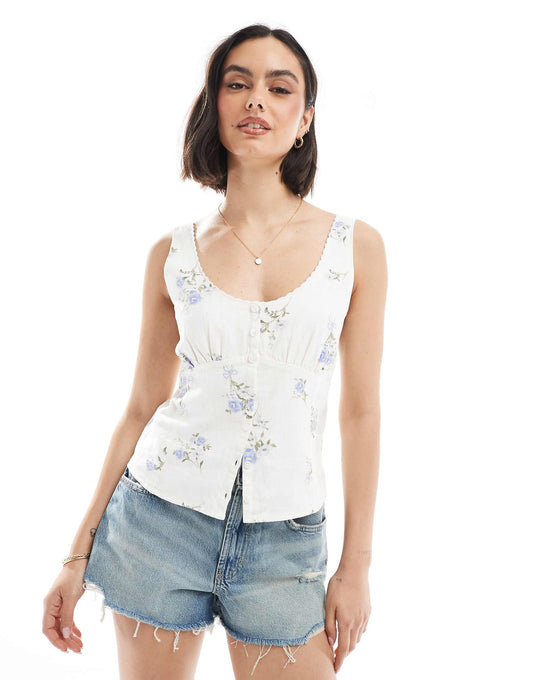 Low Neckline Linen Button Through Vest