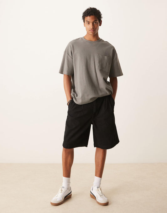 Mid Length Wide Denim Shorts With Pleats