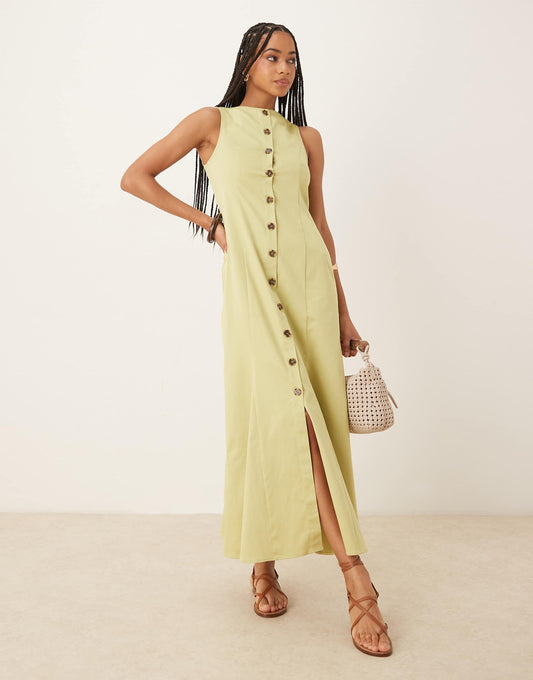 Slash Neck Button Down Waistcoat Maxi Dress