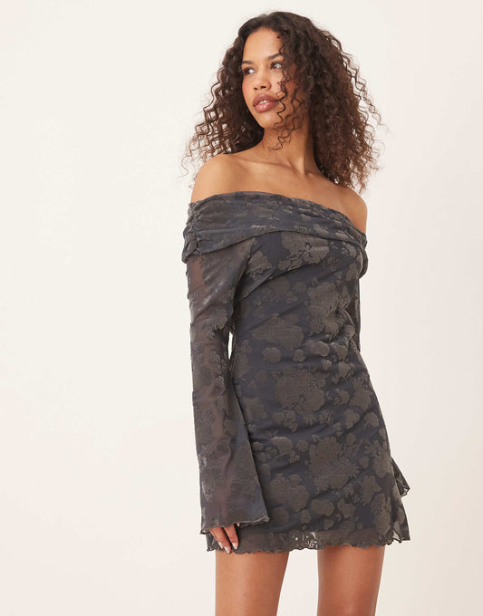 Off Shoulder Flocked Bardot Mini Dress