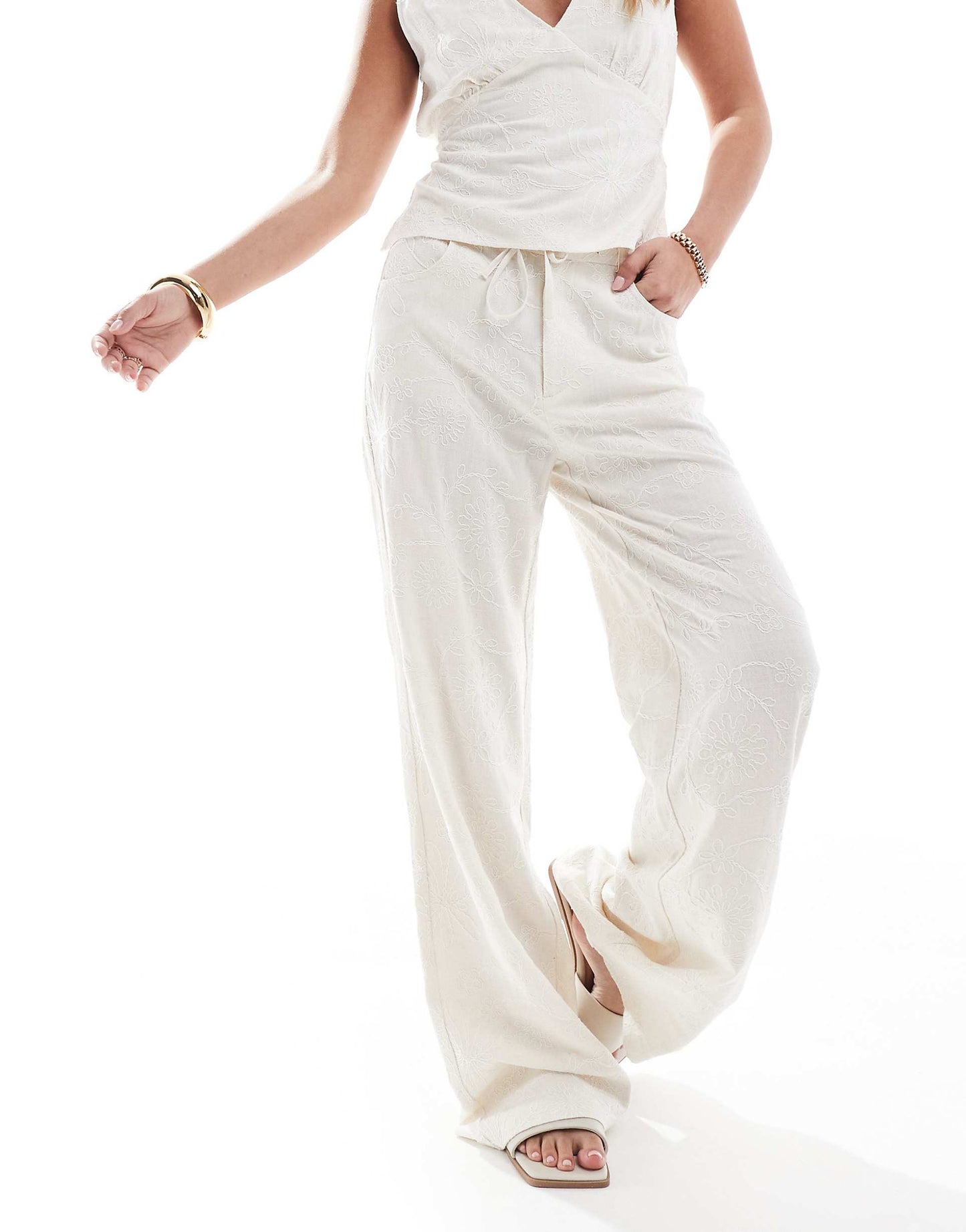 Co-Ord Linen Look Embroidery Detail Trouser