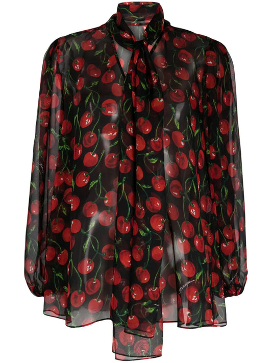 Cherry-Print Silk Blouse