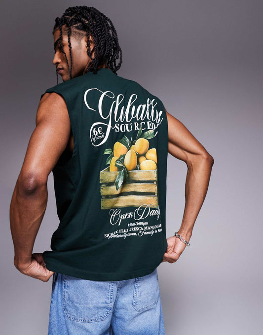 Oversized Tank With Chest And Back Print With Dark Green