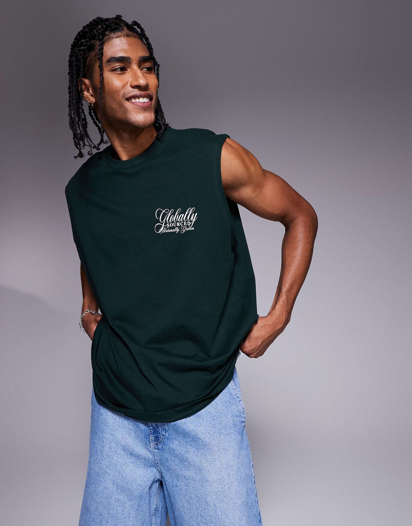 Oversized Tank With Chest And Back Print With Dark Green