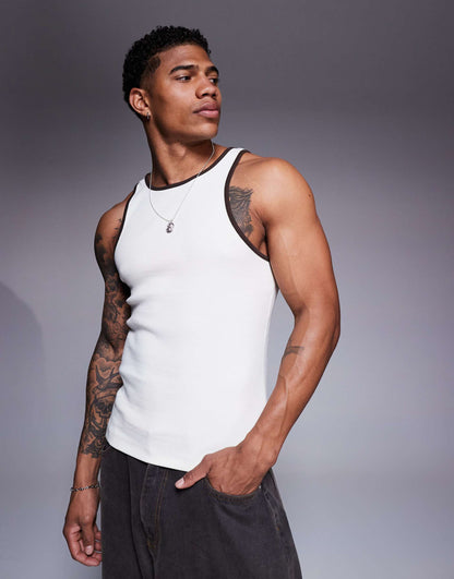 Muscle Fit Rib Vest With Contrast Binding