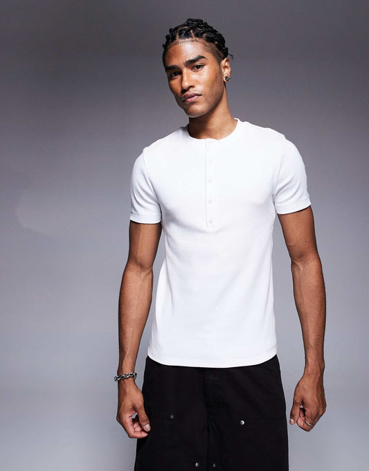 Muscle Fit Rib T-Shirt With Henley Neck