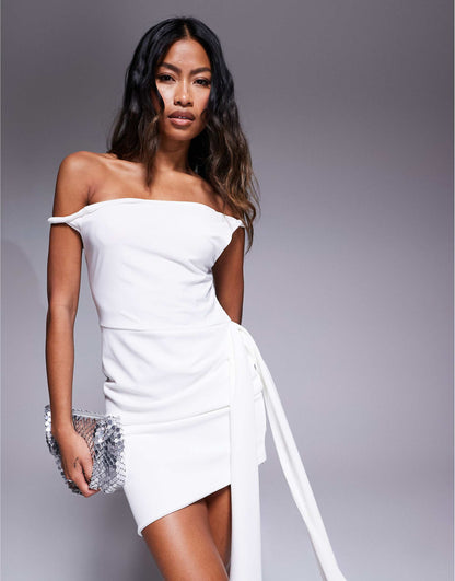 Twist Off Shoulder Mini Dress With Bow Back Detail Skirt