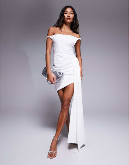 Twist Off Shoulder Mini Dress With Bow Back Detail Skirt
