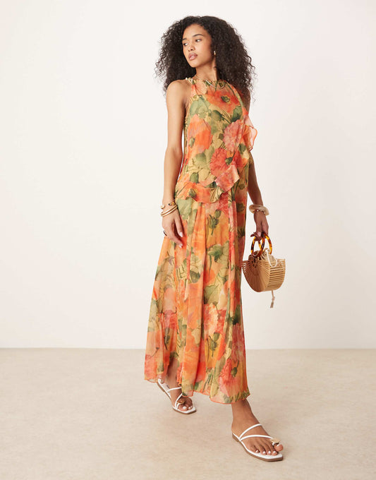 Race Ruffle Shift Maxi Dress