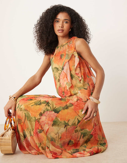 Race Ruffle Shift Maxi Dress