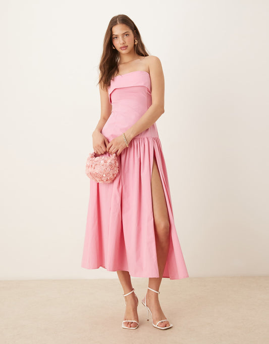 Fold Over Bandeau Midi Dress With Asymmetric Detailing
