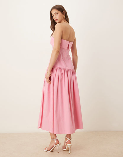 Fold Over Bandeau Midi Dress With Asymmetric Detailing