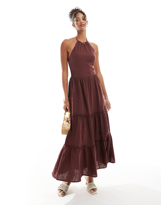 Linen Halterneck Tiered Maxi Dress