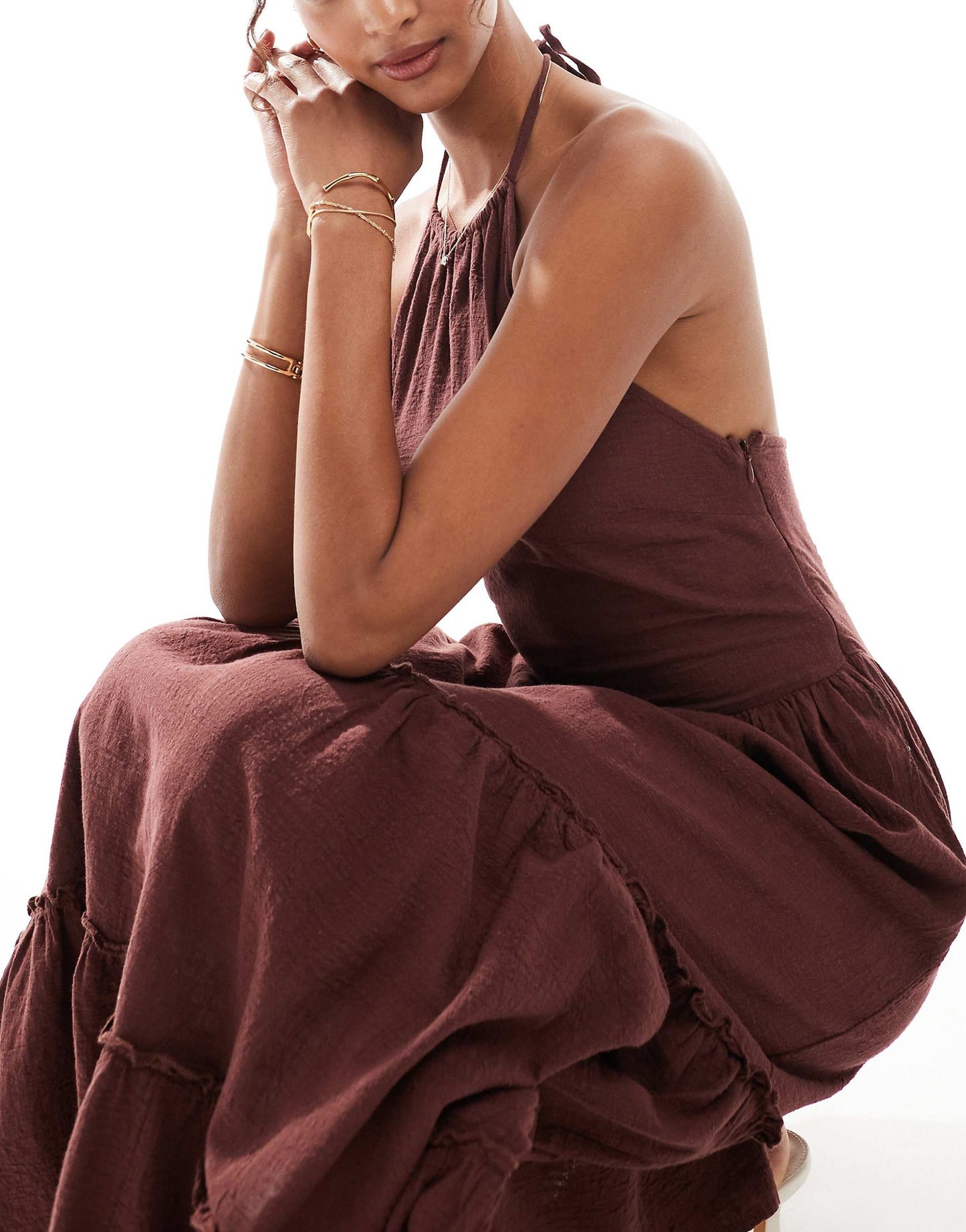 Linen Halterneck Tiered Maxi Dress