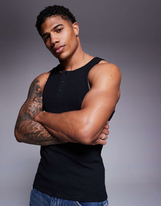 Muscle Fit Henley Rib Vest