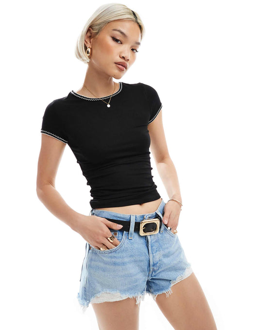 Blanket Stitch Crew Neck Short Sleeve Top