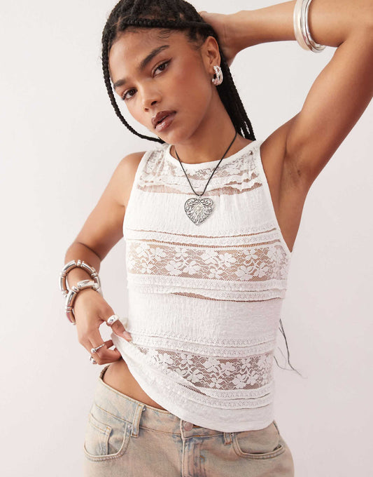 Lace High Neck Sleeveless Top