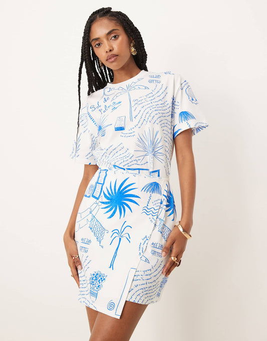 Tie Waist Palm Print Mini Dress