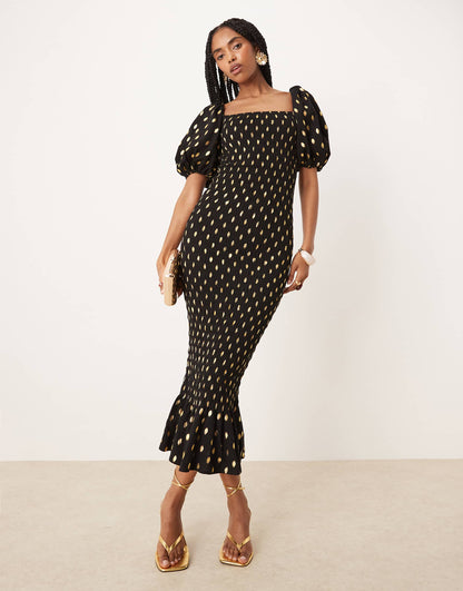 Puff Sleeve Shirred Midaxi Dress