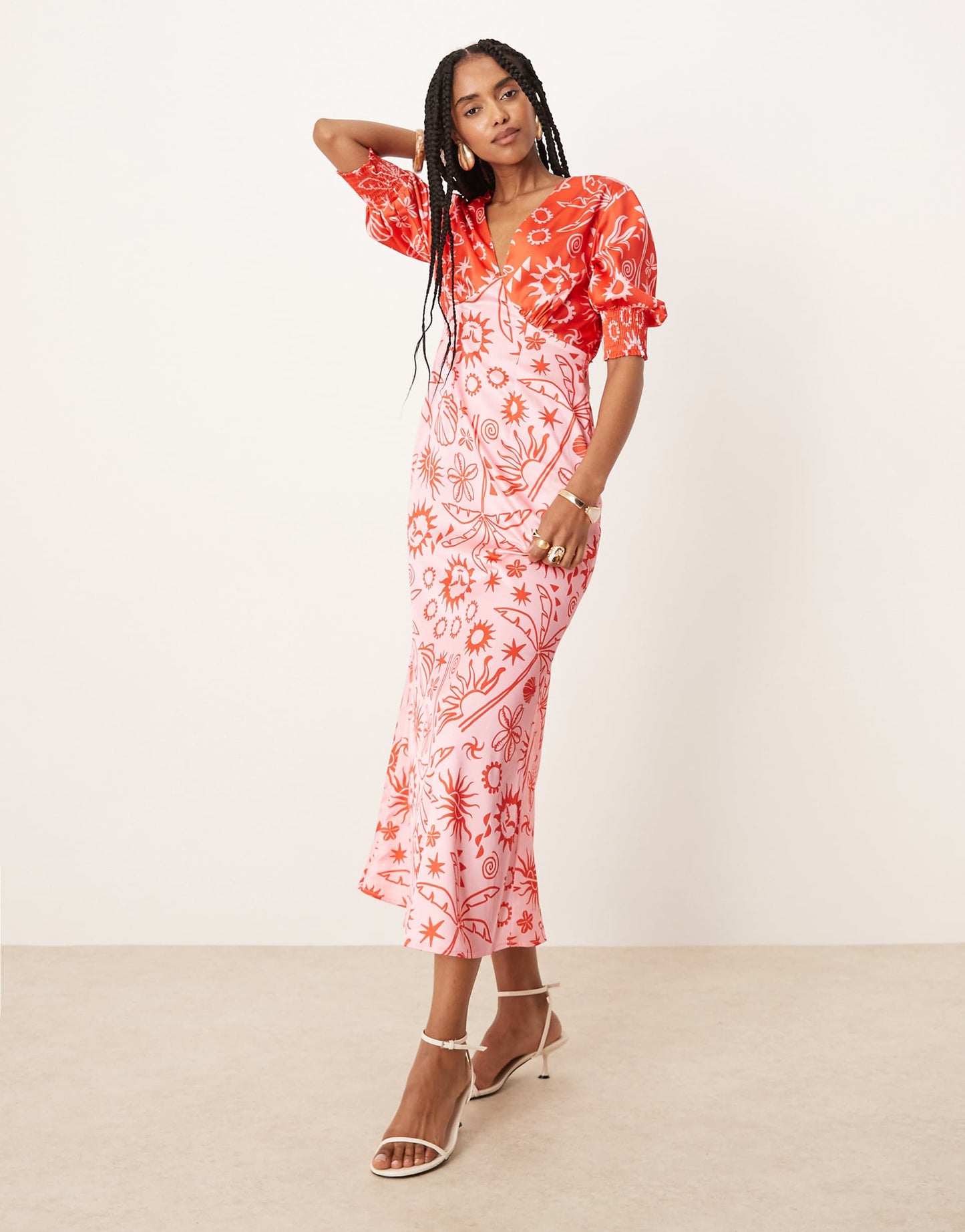 Palm Print Contrast Midaxi Dress