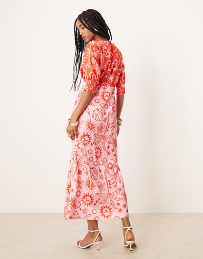 Palm Print Contrast Midaxi Dress