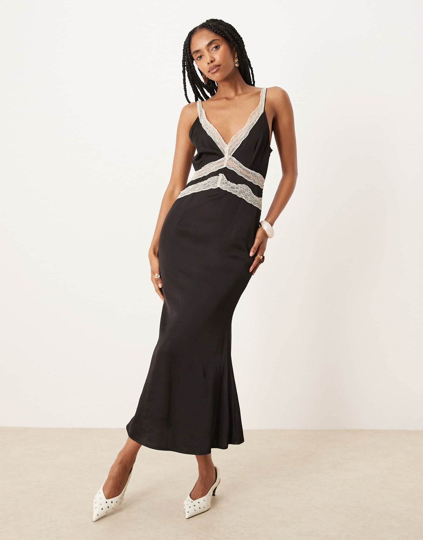 Contrast Lace Insert Satin Midaxi Dress