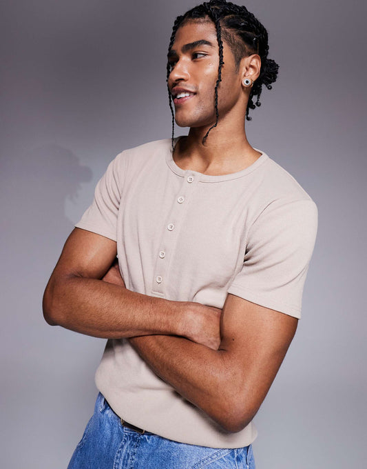 Muscle Fit Rib T-Shirt With Henley Neck