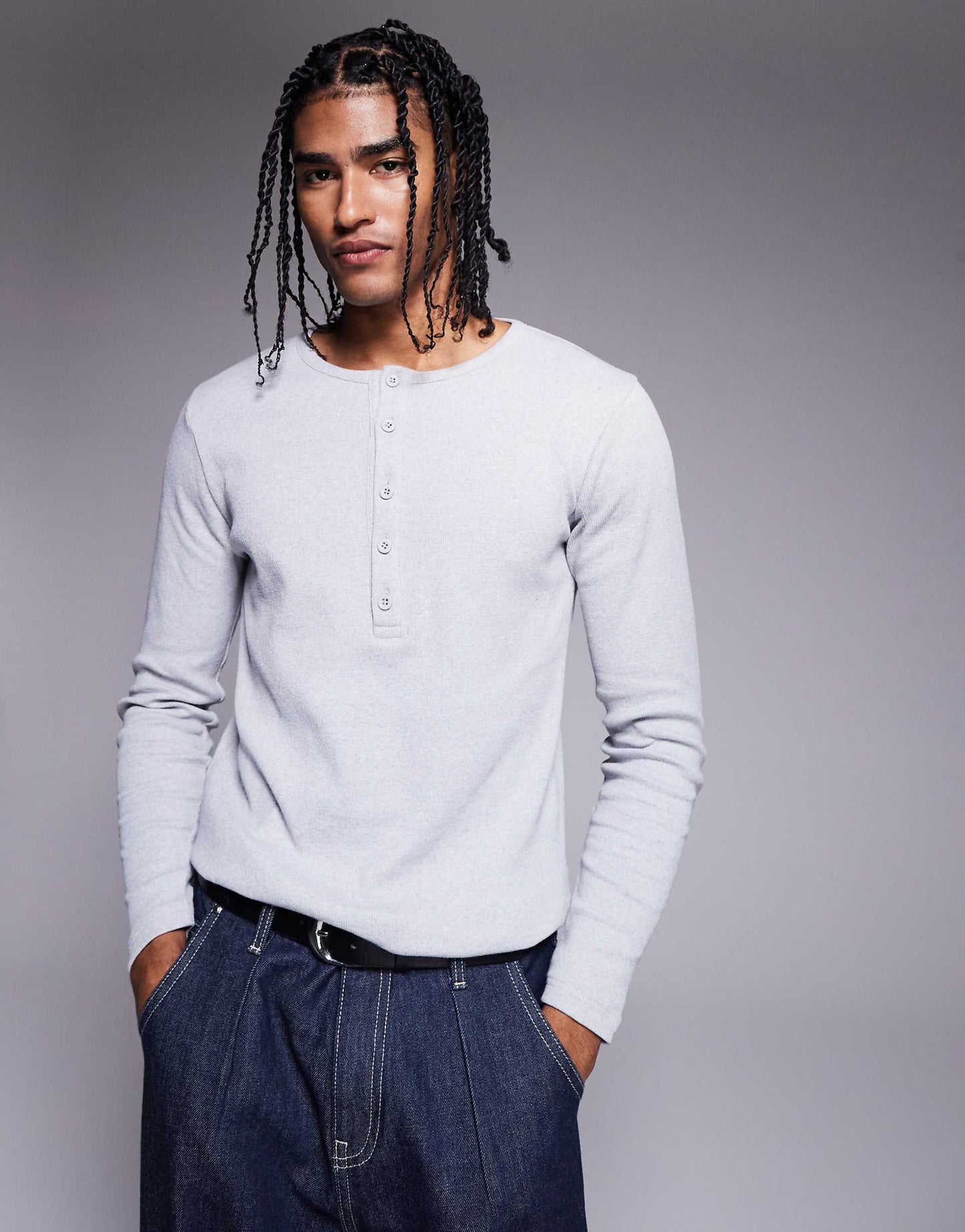 Muscle Fit Long Sleeve Rib T-Shirt With Henley Neck