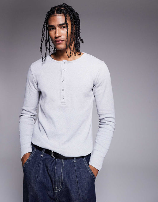 Muscle Fit Long Sleeve Rib T-Shirt With Henley Neck
